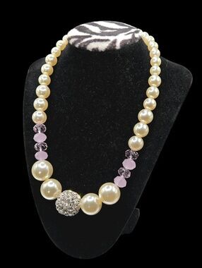 "5/$25" You And I Big Beaded Collar Bib Necklace Pearls, Pink Glass, Rhinestones